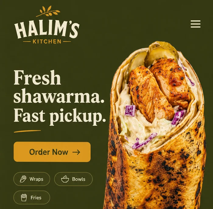 Halim's Kitchen mobile homepage: Fresh shawarma, fast pickup