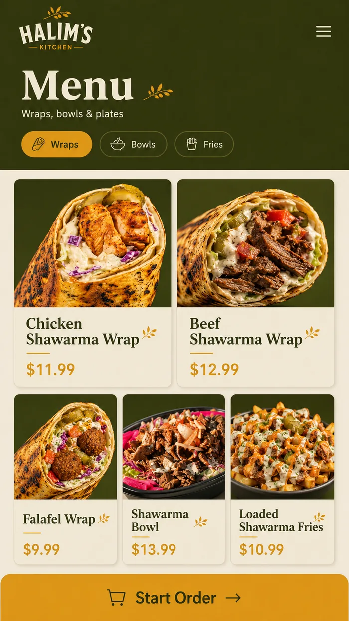 Halim's Kitchen mobile menu with wraps, bowls and fries