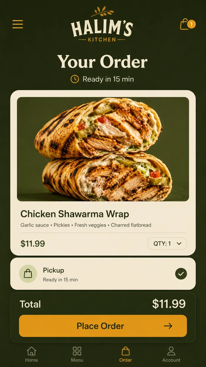 Halim's Kitchen mobile ordering screen