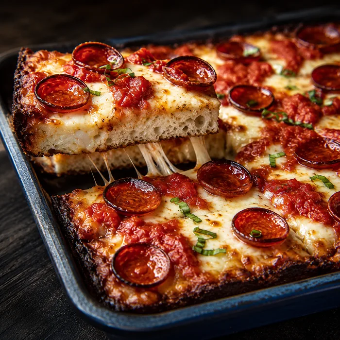 Detroit-style pepperoni pizza in the pan