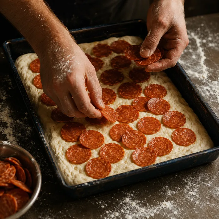 Hands laying pepperoni onto raw dough