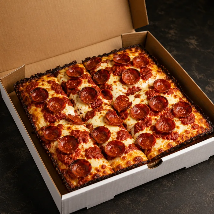Finished pizza in an open takeout box