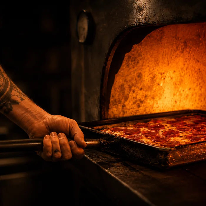 A hand pulling a steel pan of finished pizza out of the oven