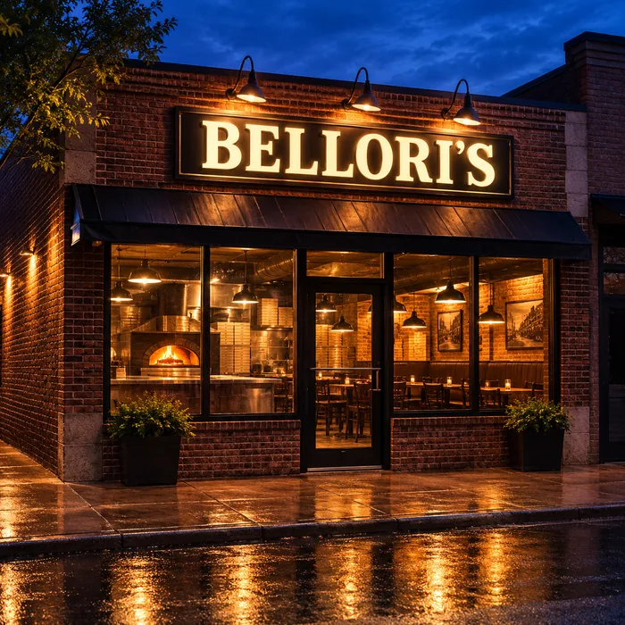 Bellori's storefront lit at dusk