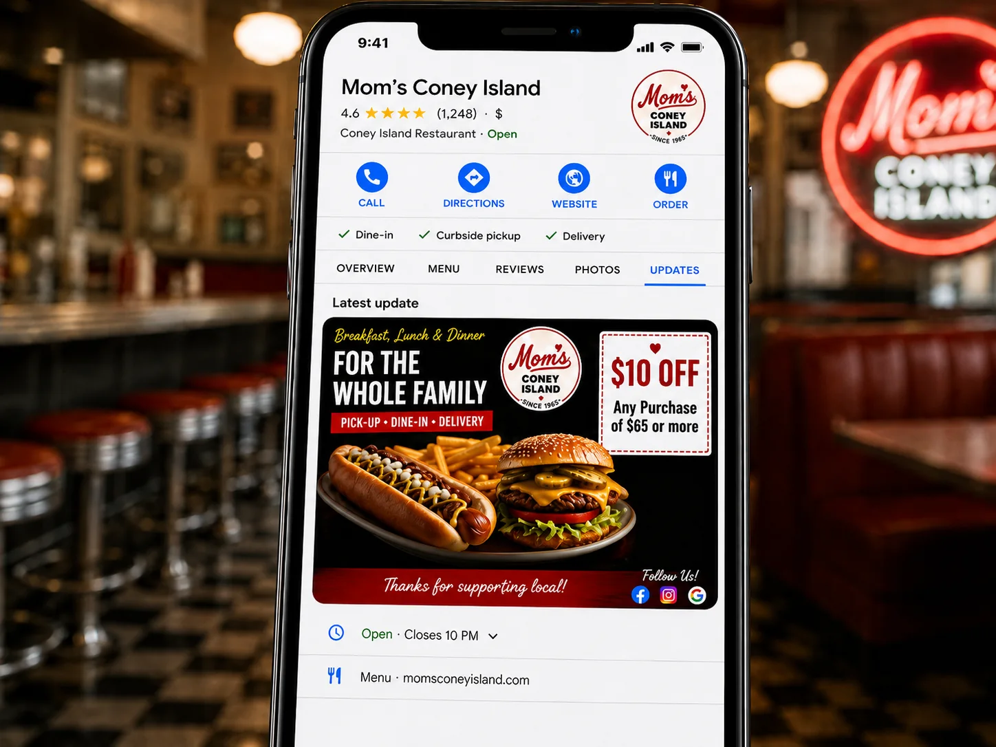 Google business listing for Mom's Coney Island with an update panel filled in